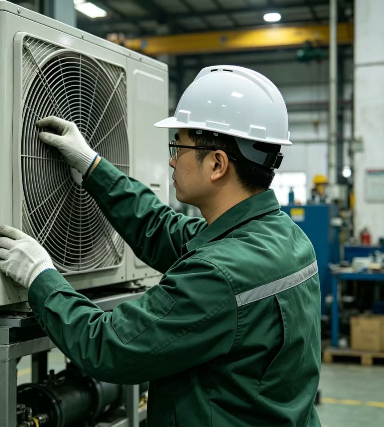 技师检修空调外机风扇